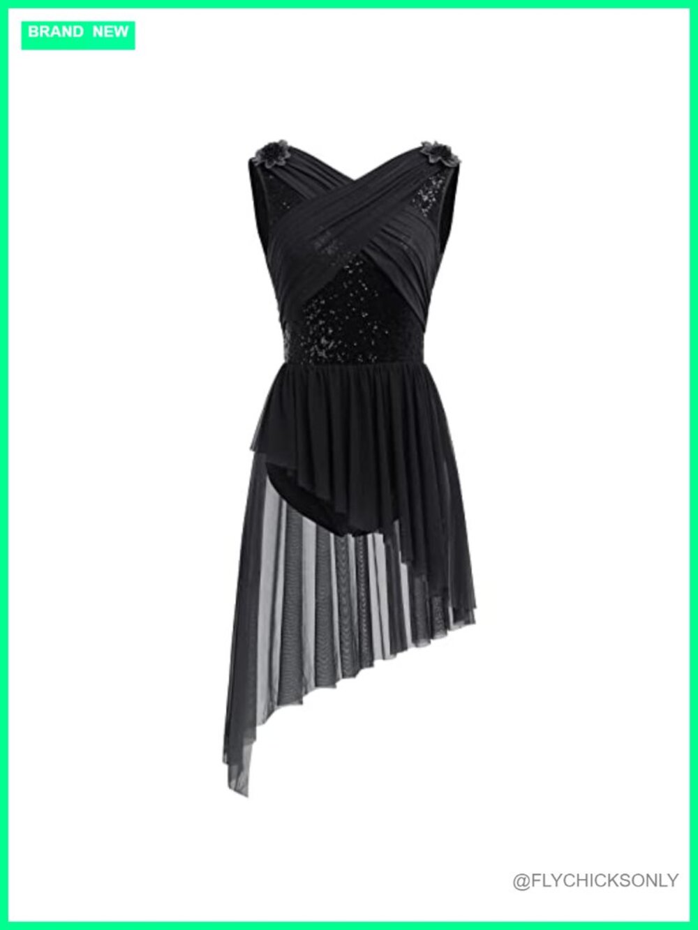 Women's Sequin Lyrical Dance Dress with 3D Flowers, Flowy Asymmetric Tulle Skirt